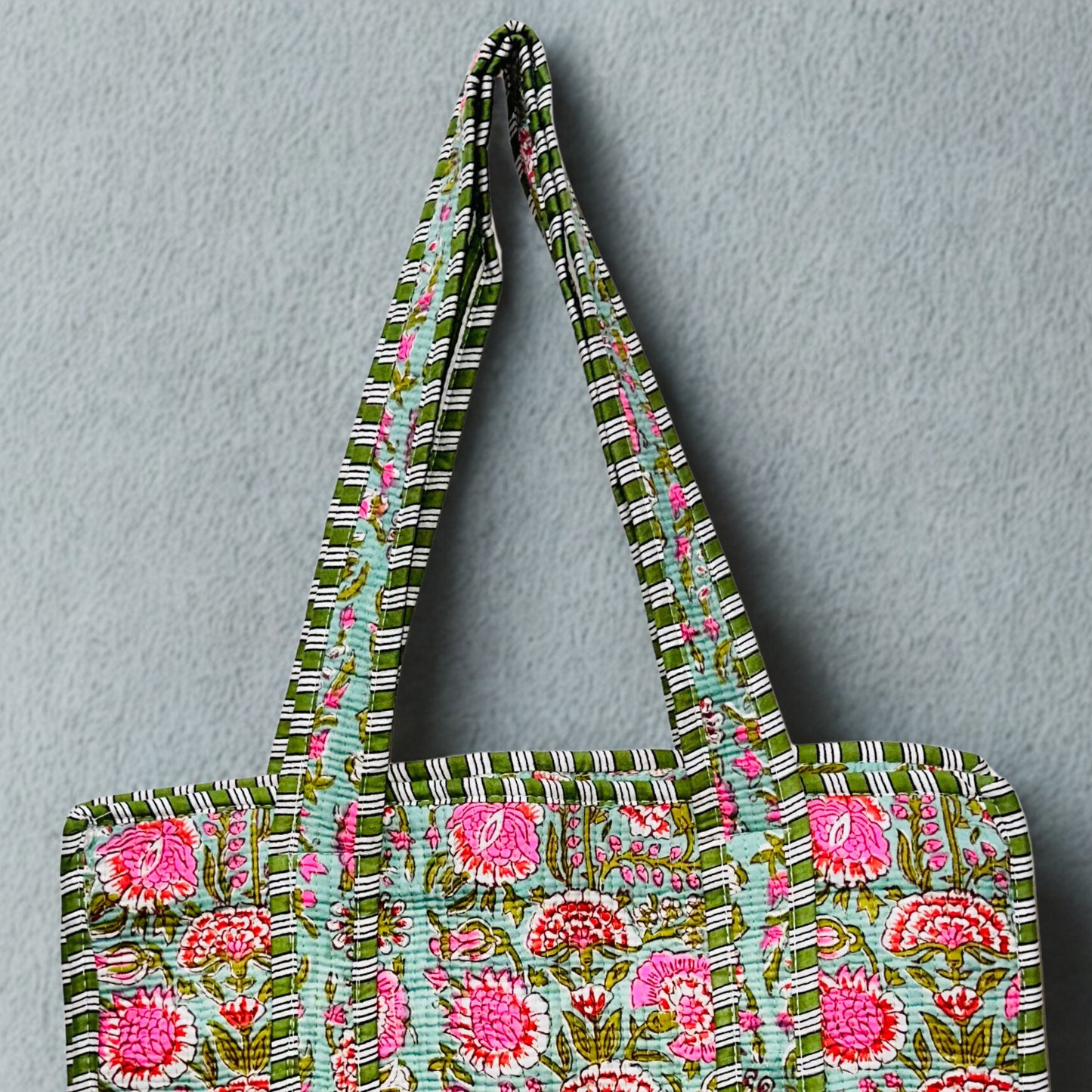 Pink Floral Pattern Hand-Printed Tote Bag