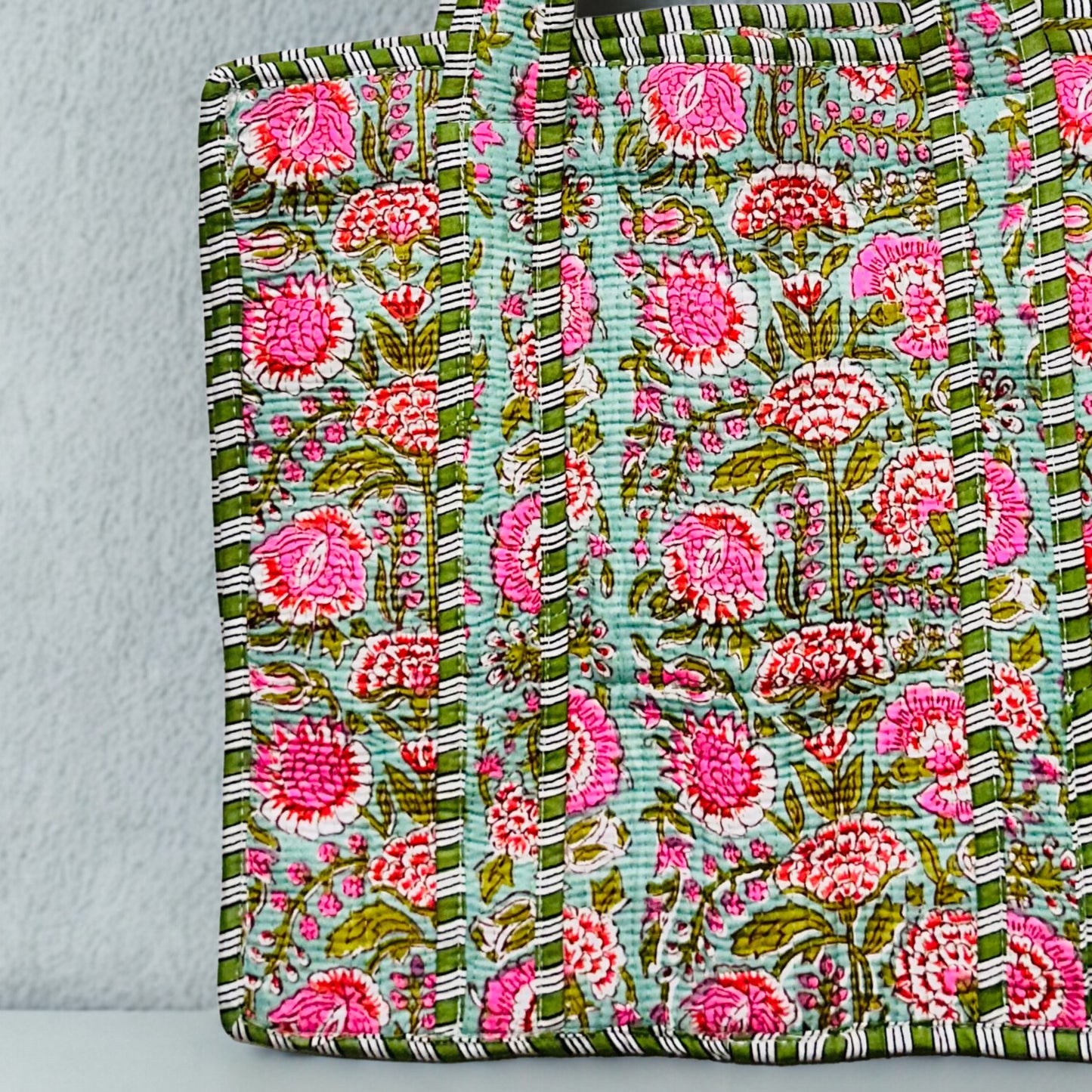 Pink Floral Pattern Hand-Printed Tote Bag