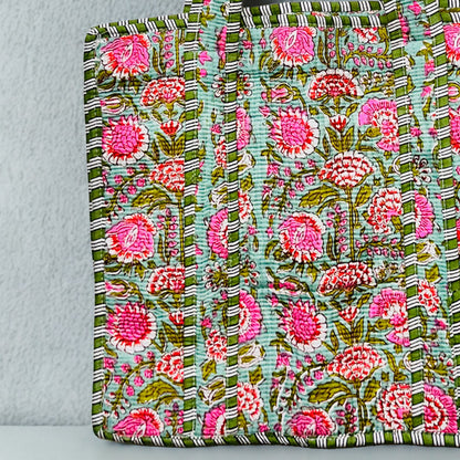 Pink Floral Pattern Hand-Printed Tote Bag