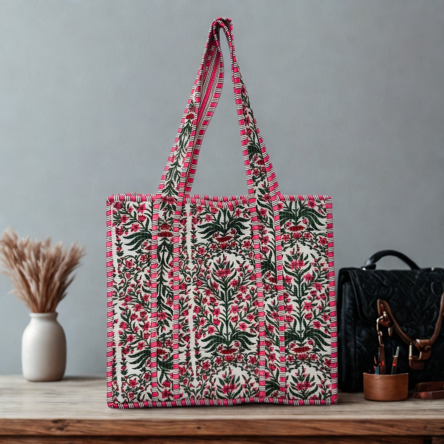 Green Floral Pattern Hand-Printed Tote Bag
