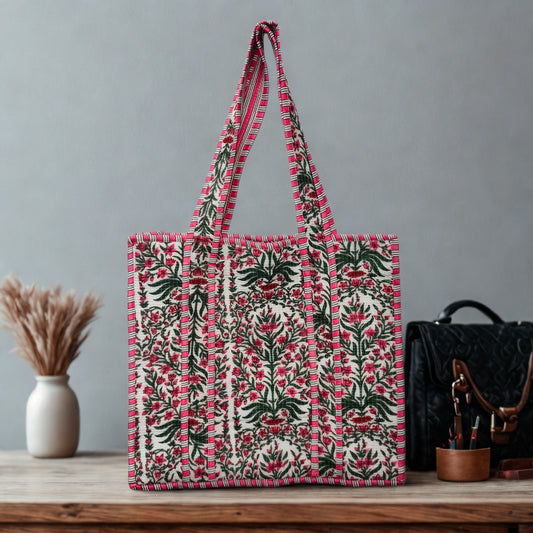 Green Floral Pattern Hand-Printed Tote Bag