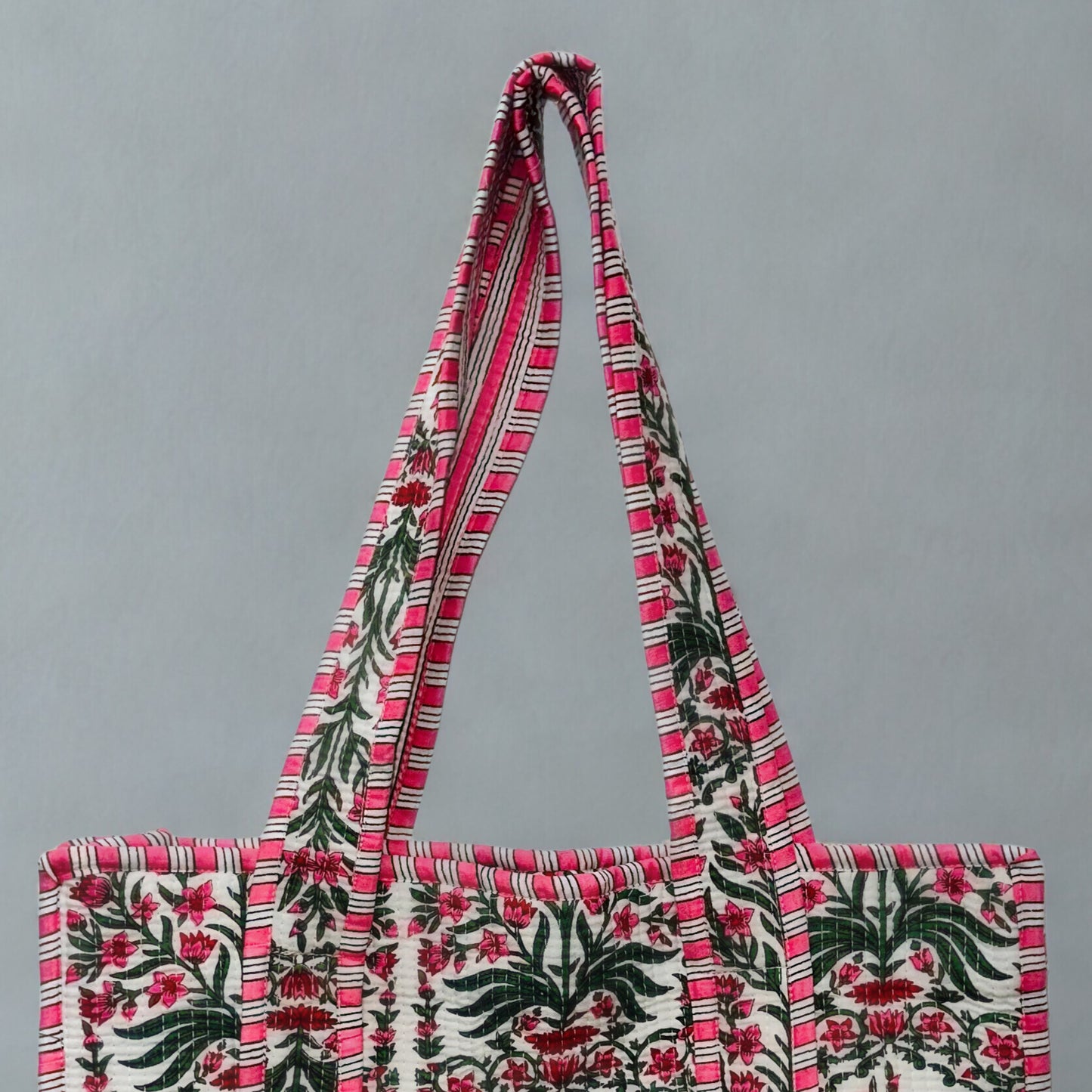 Green Floral Pattern Hand-Printed Tote Bag