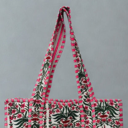 Green Floral Pattern Hand-Printed Tote Bag