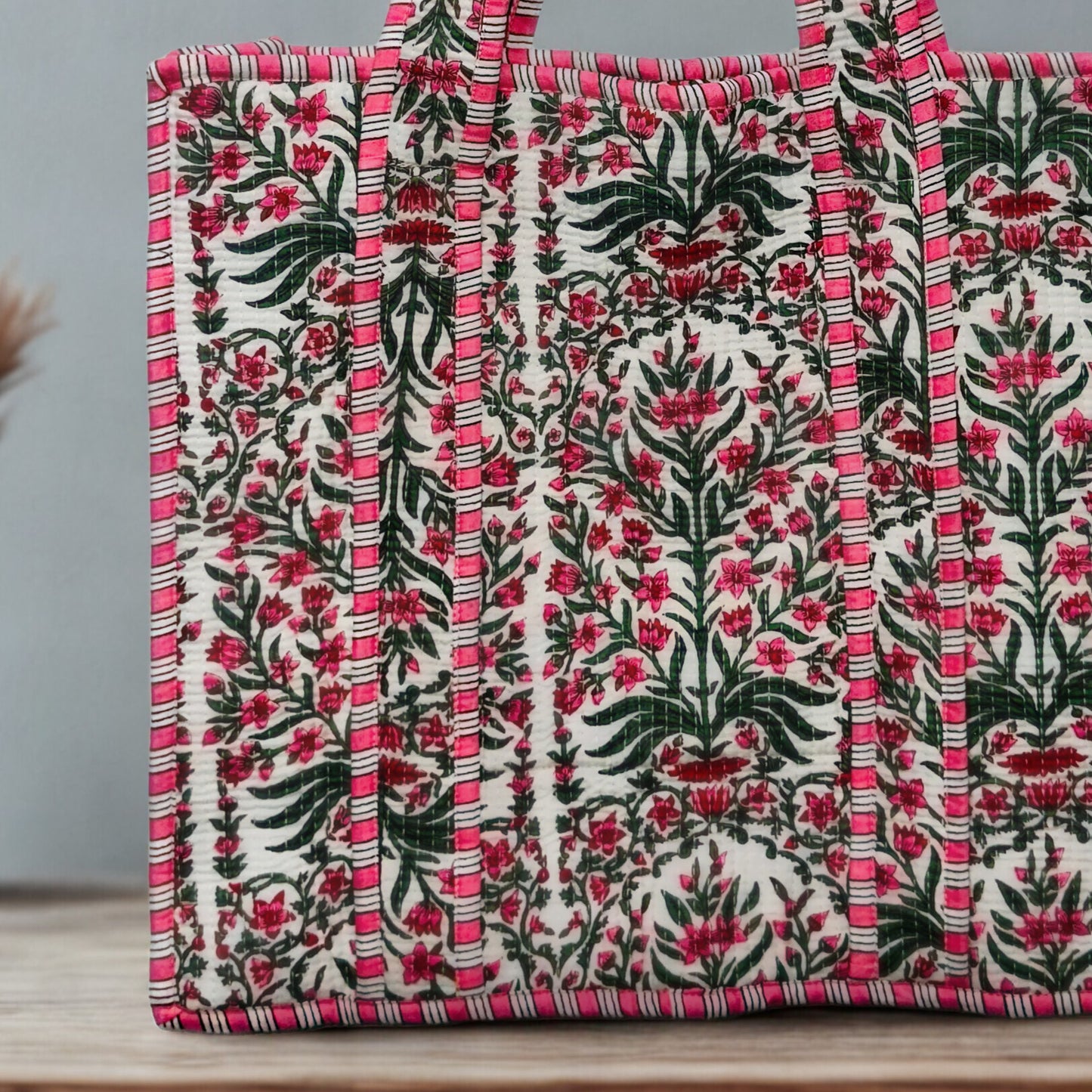 Green Floral Pattern Hand-Printed Tote Bag