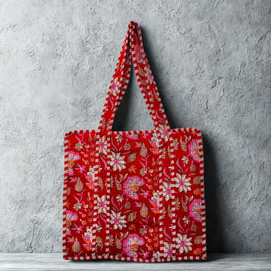Red Floral Pattern Hand-Printed Tote Bag