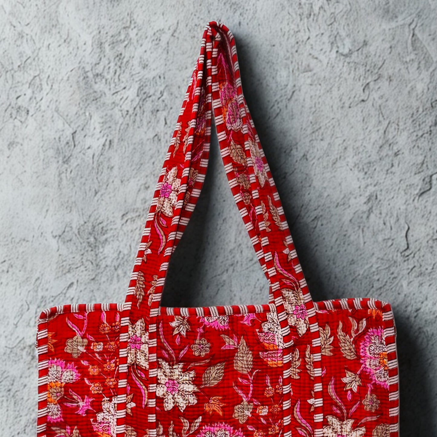 Red Floral Pattern Hand-Printed Tote Bag