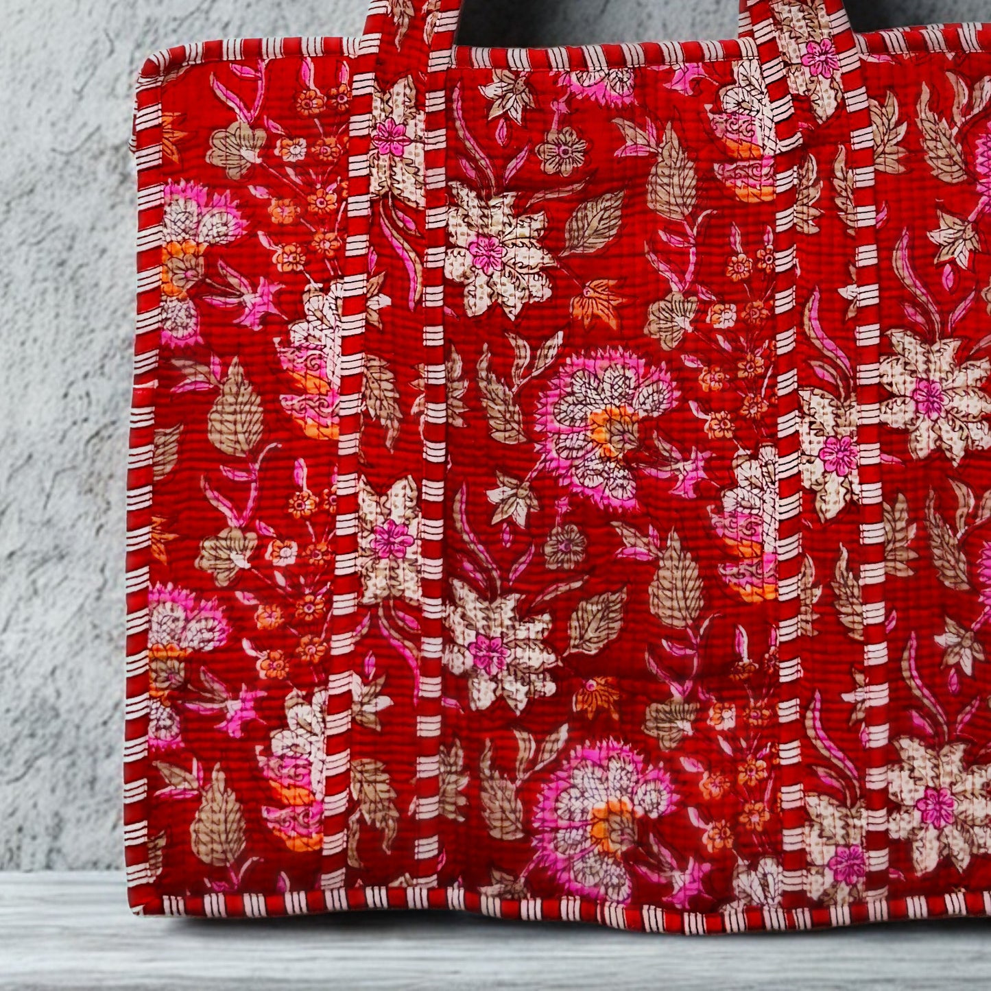 Red Floral Pattern Hand-Printed Tote Bag