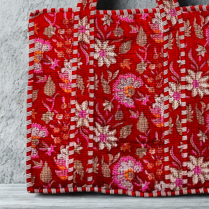 Red Floral Pattern Hand-Printed Tote Bag