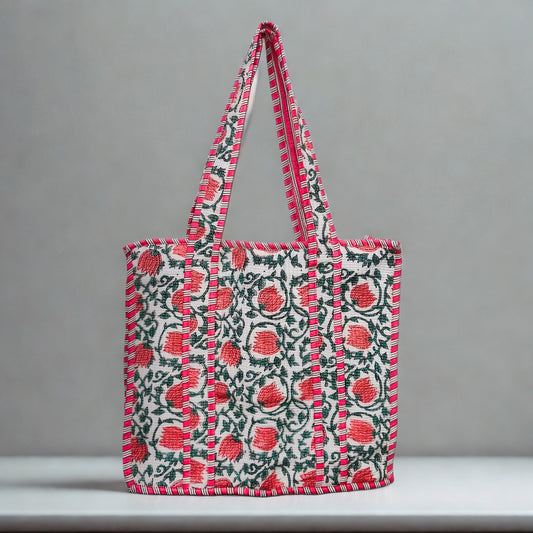 Red floral Pattern Hand-Printed Tote Bag