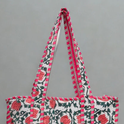Red floral Pattern Hand-Printed Tote Bag