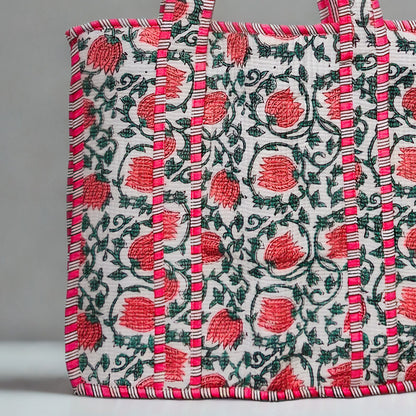 Red floral Pattern Hand-Printed Tote Bag