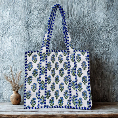 Blue Floral Pattern Hand-Printed Tote Bag