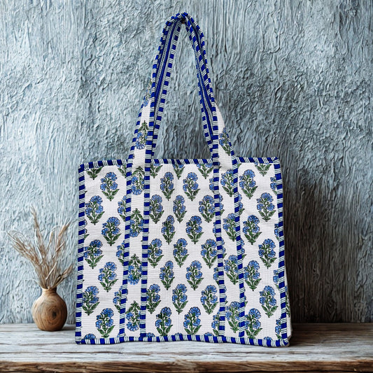Blue Floral Pattern Hand-Printed Tote Bag