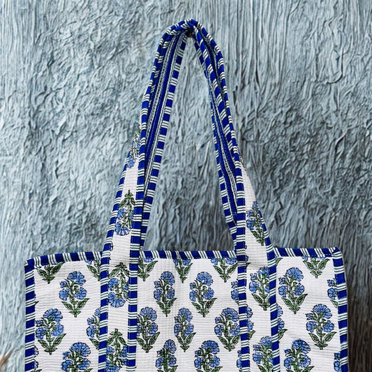 Blue Floral Pattern Hand-Printed Tote Bag