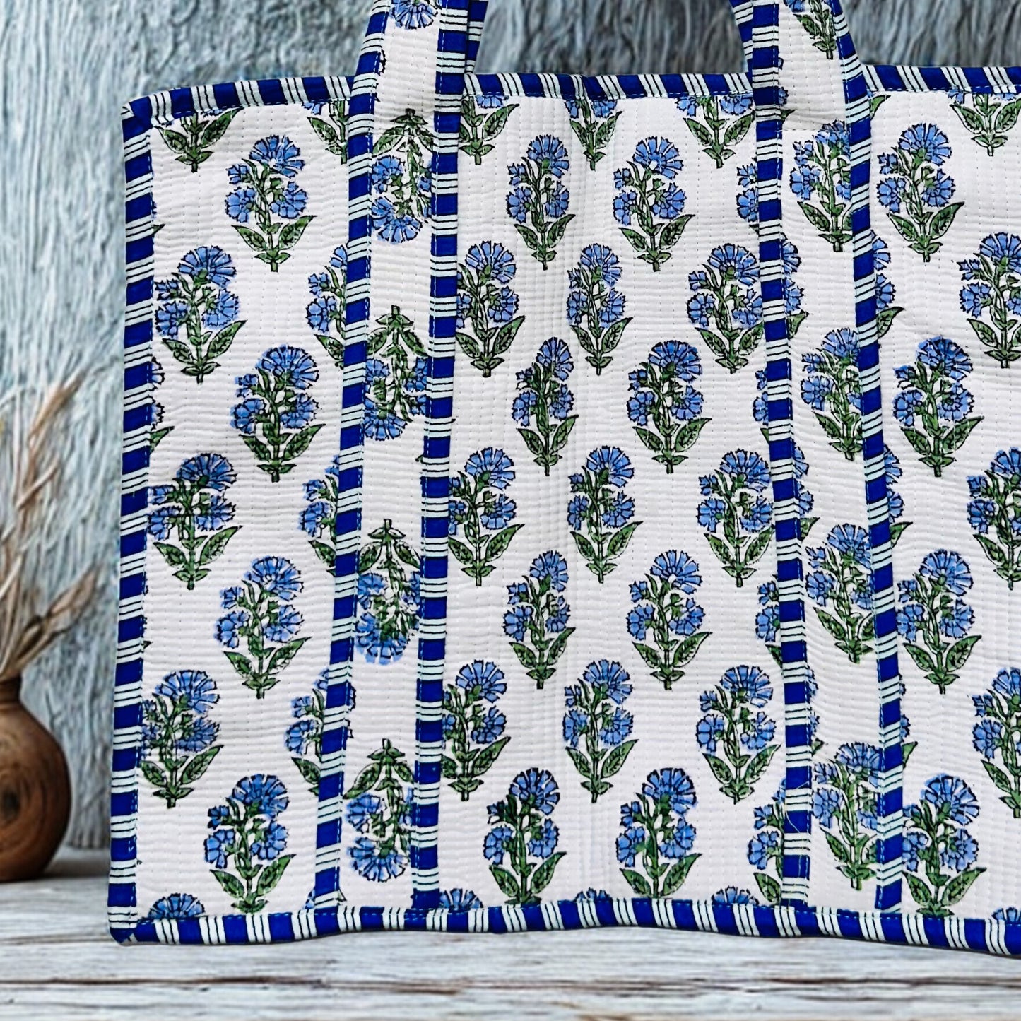 Blue Floral Pattern Hand-Printed Tote Bag