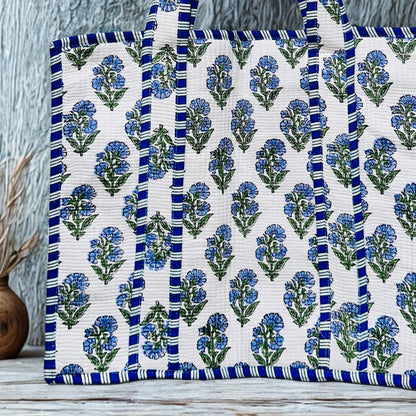 Blue Floral Pattern Hand-Printed Tote Bag
