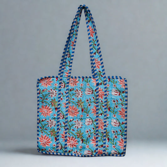 Blue Pink Floral Pattern Hand-Printed Tote Bag