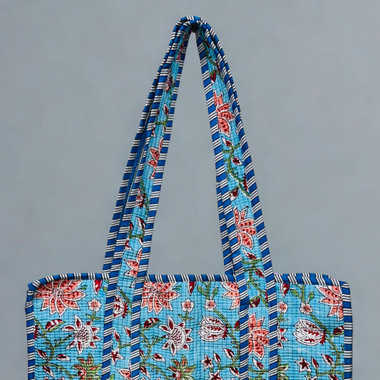 Blue Pink Floral Pattern Hand-Printed Tote Bag
