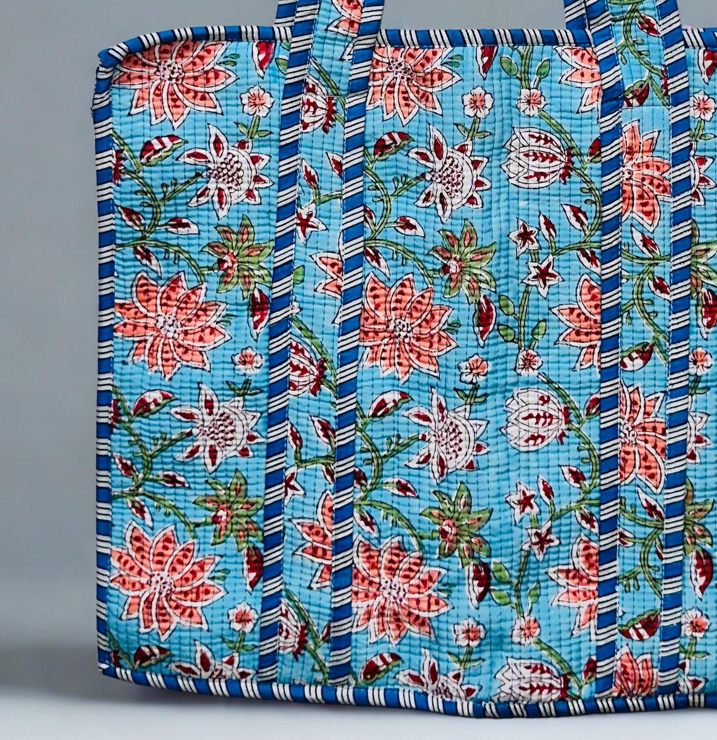 Blue Pink Floral Pattern Hand-Printed Tote Bag