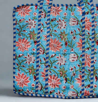 Blue Pink Floral Pattern Hand-Printed Tote Bag