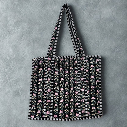 Black Floral Pattern Hand-Printed Tote Bag