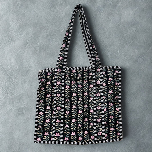 Black Floral Pattern Hand-Printed Tote Bag