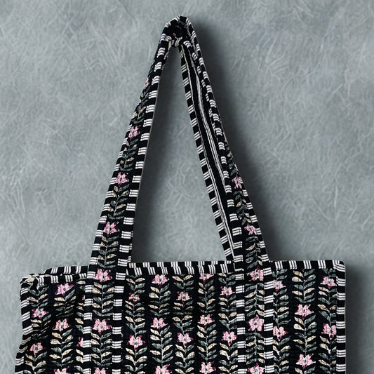 Black Floral Pattern Hand-Printed Tote Bag