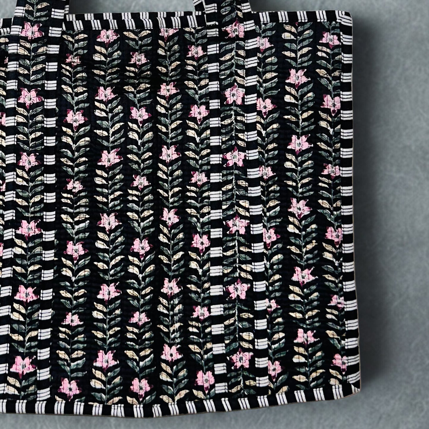 Black Floral Pattern Hand-Printed Tote Bag