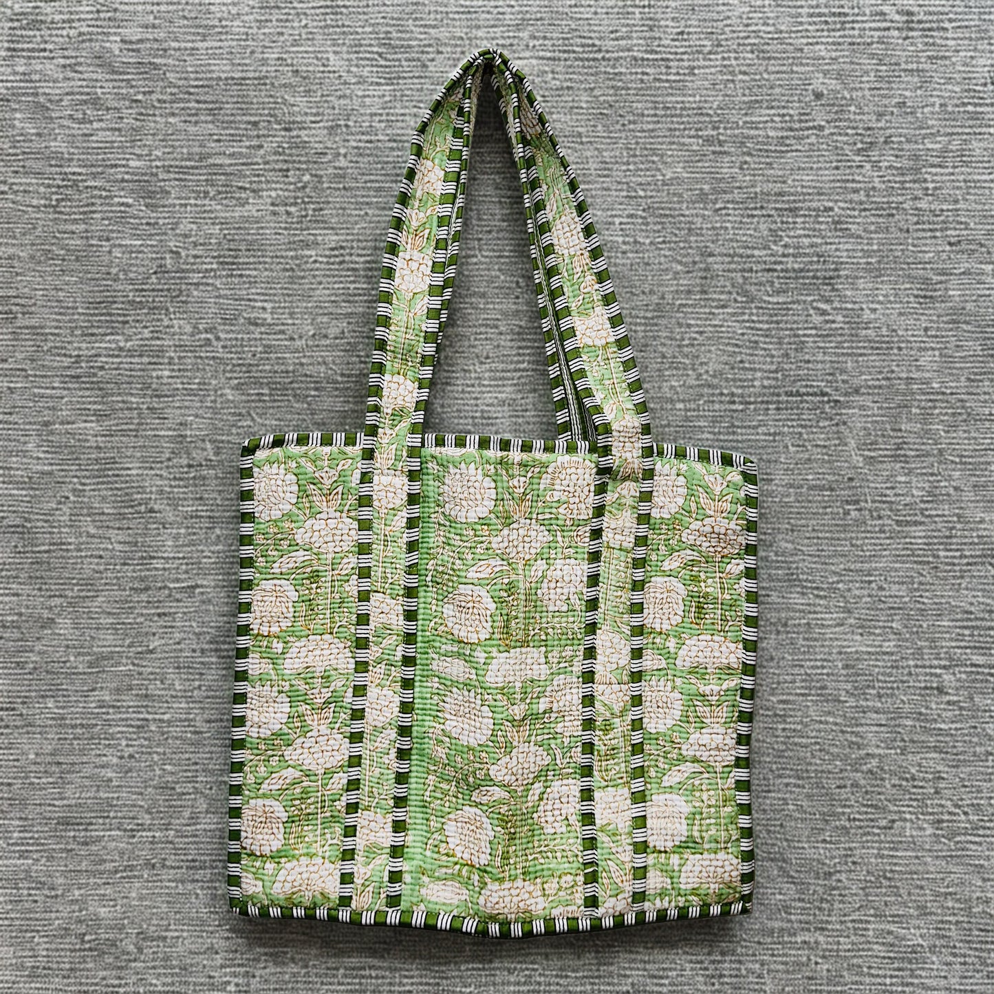 Green White Floral Pattern Hand-Printed Tote Bag