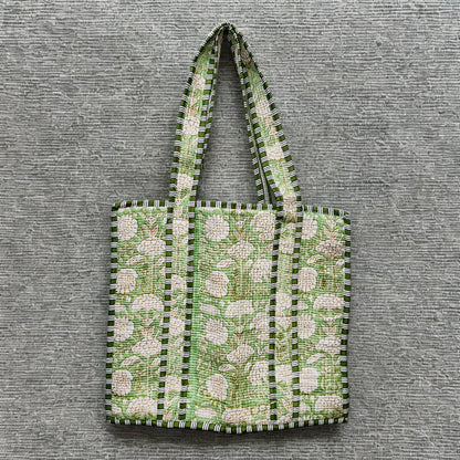 Green White Floral Pattern Hand-Printed Tote Bag