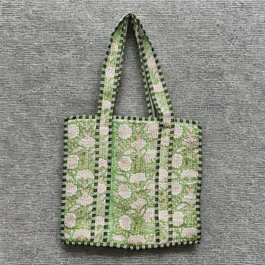 Green White Floral Pattern Hand-Printed Tote Bag