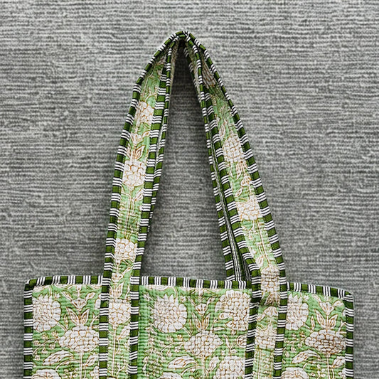 Green White Floral Pattern Hand-Printed Tote Bag