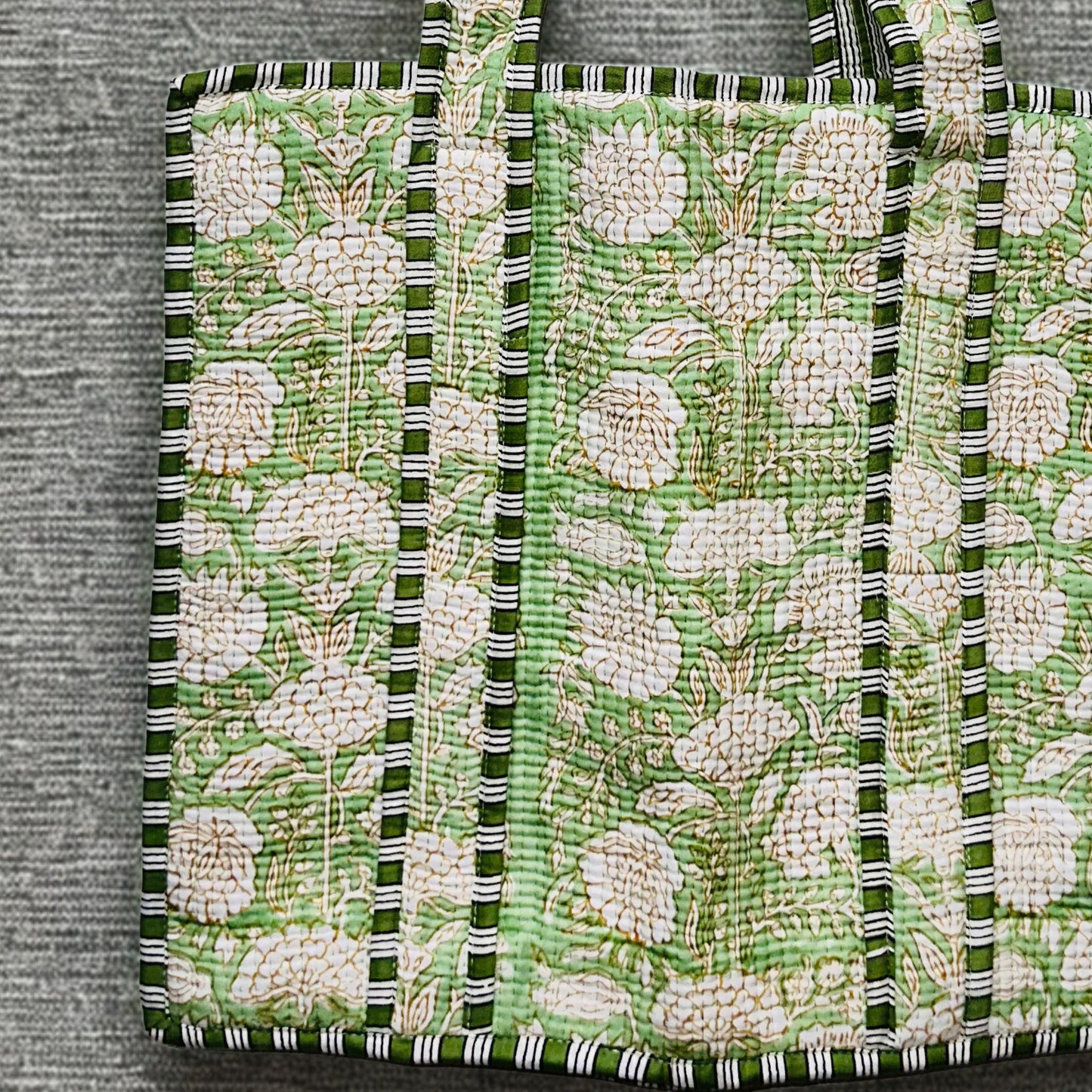 Green White Floral Pattern Hand-Printed Tote Bag
