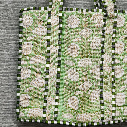 Green White Floral Pattern Hand-Printed Tote Bag