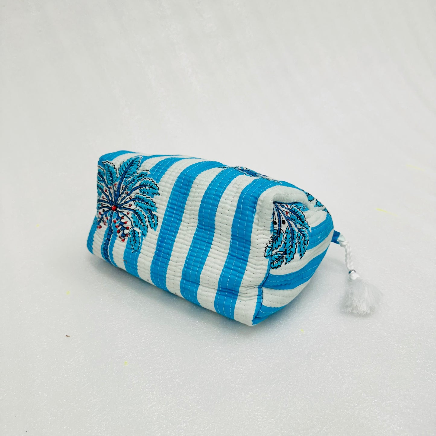 Blue and white striped pattern with palm tree Travel Organizer Pouch, Cosmetic Bags, Toiletry Kit
