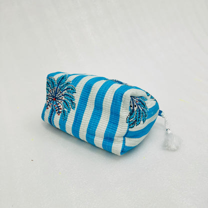 Blue and white striped pattern with palm tree Travel Organizer Pouch, Cosmetic Bags, Toiletry Kit