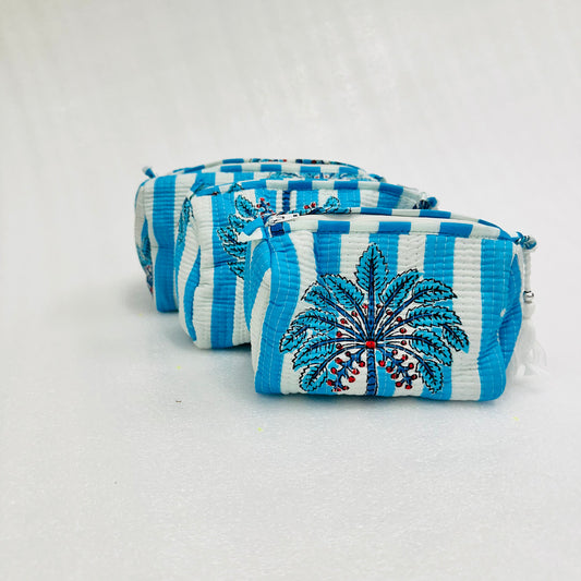 Blue and white striped pattern with palm tree Travel Organizer Pouch, Cosmetic Bags, Toiletry Kit