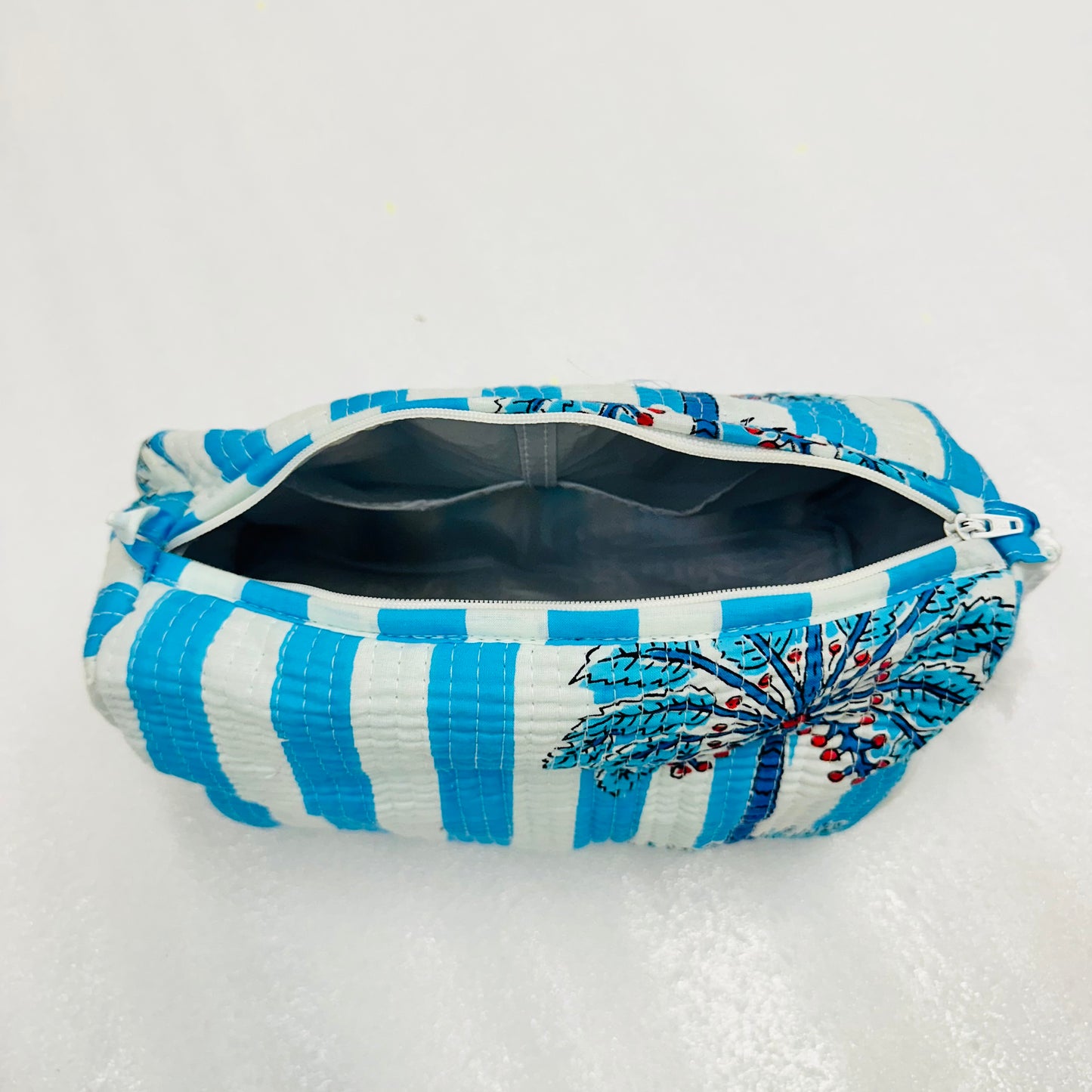 Blue and white striped pattern with palm tree Travel Organizer Pouch, Cosmetic Bags, Toiletry Kit