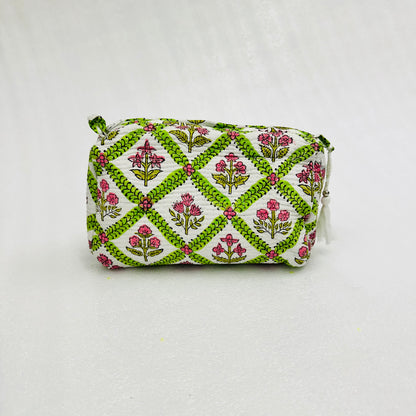 Fabric pouch with floral pattern on a white background