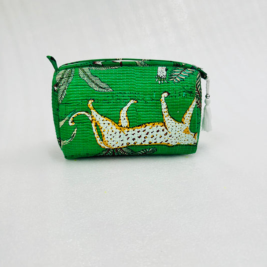 Animal Block Print with Green Fabric Travel Organizer Pouch, Cosmetic Bags, Toiletry Kit