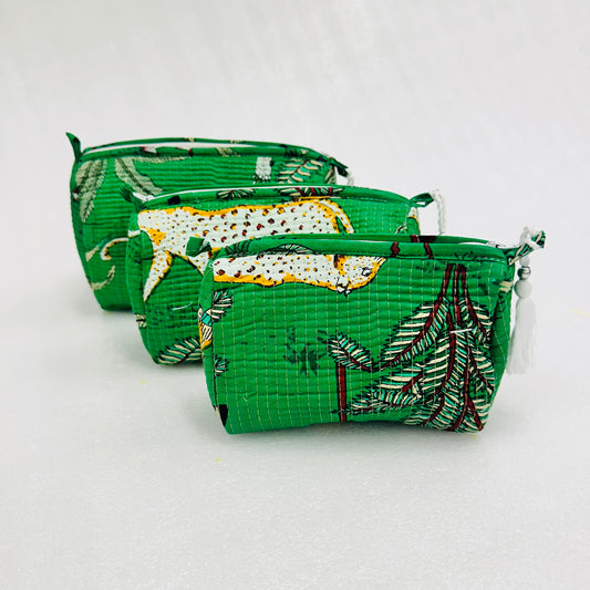 Animal Block Print with Green Fabric Travel Organizer Pouch, Cosmetic Bags, Toiletry Kit