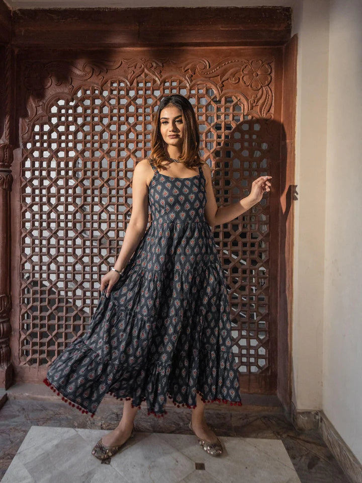 Shoulder Strap Navy Blue Maxi Dress – Traditional Buti Print Cotton Dress