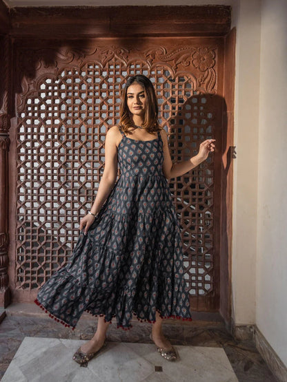 Shoulder Strap Navy Blue Maxi Dress – Traditional Buti Print Cotton Dress