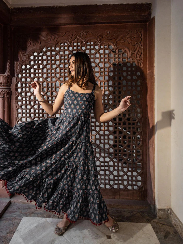 Shoulder Strap Navy Blue Maxi Dress – Traditional Buti Print Cotton Dress