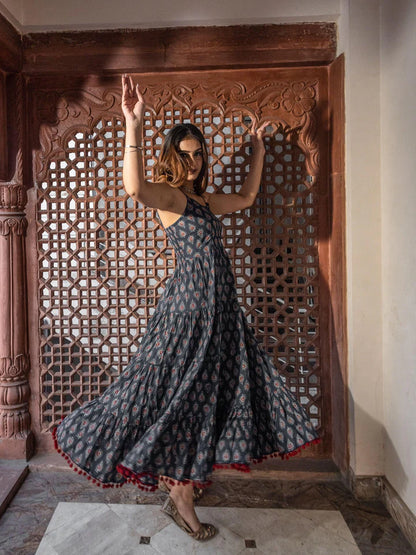 Shoulder Strap Navy Blue Maxi Dress – Traditional Buti Print Cotton Dress