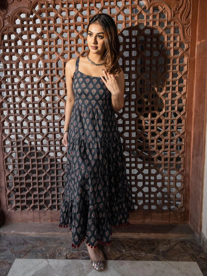 Shoulder Strap Navy Blue Maxi Dress – Traditional Buti Print Cotton Dress