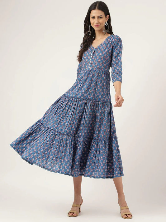 Floral Print Blue Long Dress – Casual Everyday Summer Wear