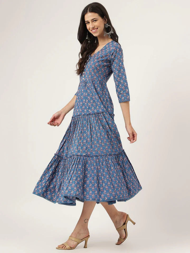 Floral Print Blue Long Dress – Casual Everyday Summer Wear