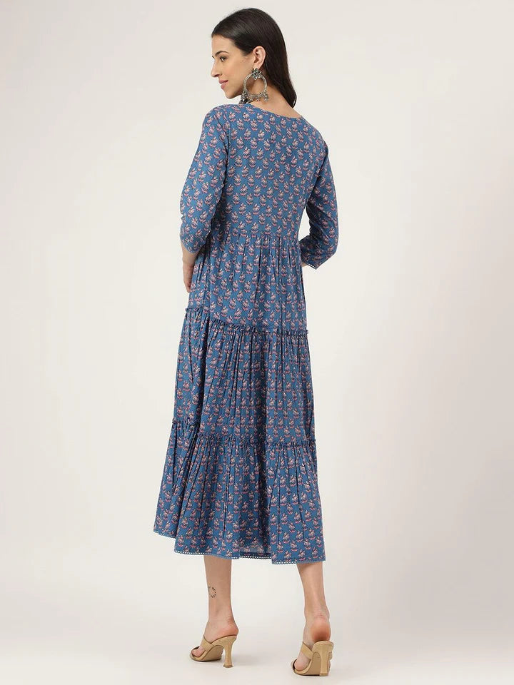 Floral Print Blue Long Dress – Casual Everyday Summer Wear