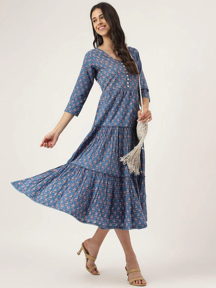 Floral Print Blue Long Dress – Casual Everyday Summer Wear